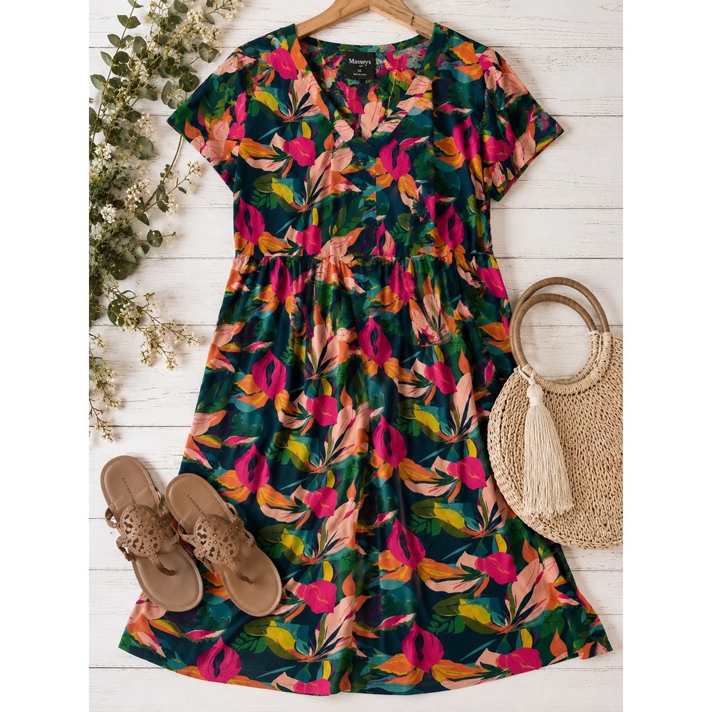 Masseys Tropical Floral dress V-Neck Short Sleeve empire waist XL Boho resort